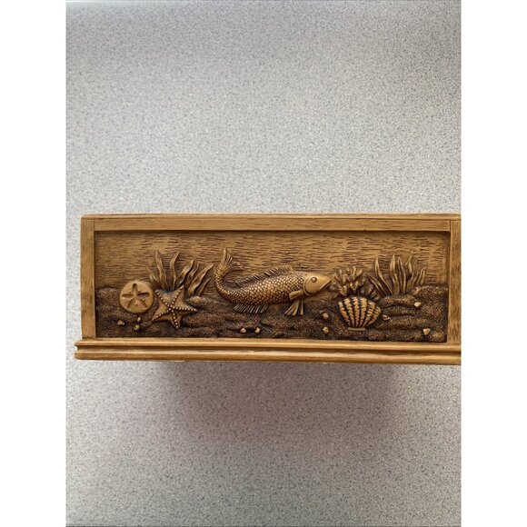 Men’s Trinket Jewelry Box Vintage Heavy Wood Resign Ocean Reef Fish Decretive - Picture 5 of 12